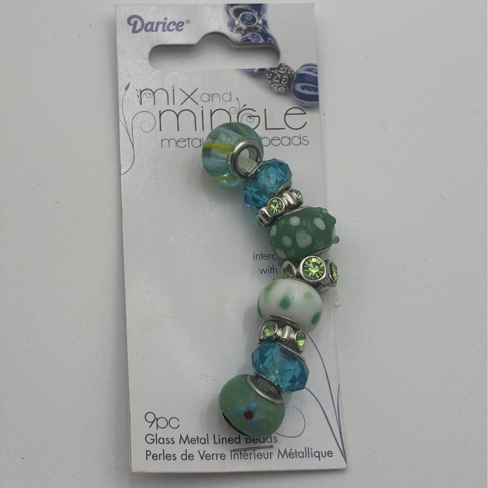 9 pc Darice° Mix and Mingle Glass metal lined beads Green Blue AJM-1999-2744